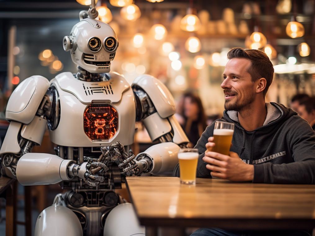 Roboter having a beer with man